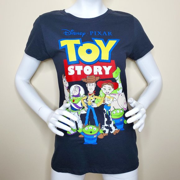 Disney Pixar Women's Blue/Black Toy Story Buzz Woody Jessie Graphic T-Shirt SZ L - Picture 1 of 8